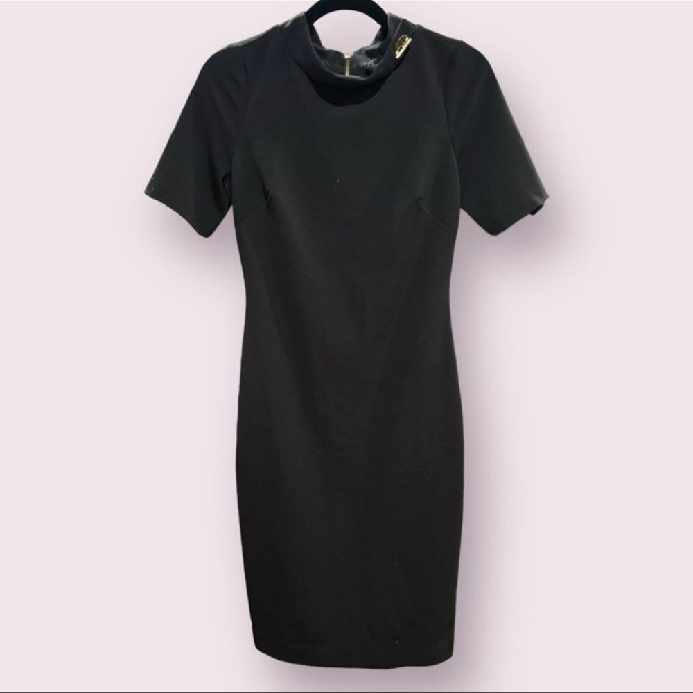 Badgley Mischka Black Turnlock Sheath Dress – Short Sleeve, High Neck – Size 2 - Picture 3 of 7